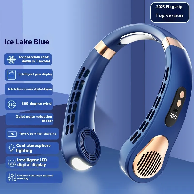 Blue leafless halter fan with digital display worn around neck showing five-speed interface