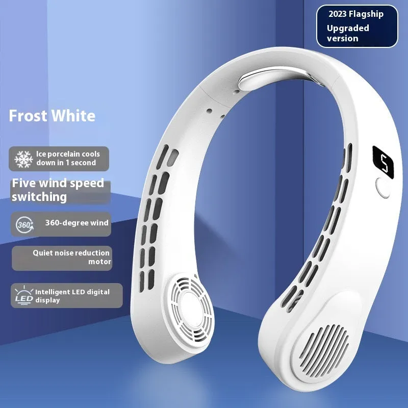 Blue leafless halter fan with digital display worn around neck showing five-speed interface