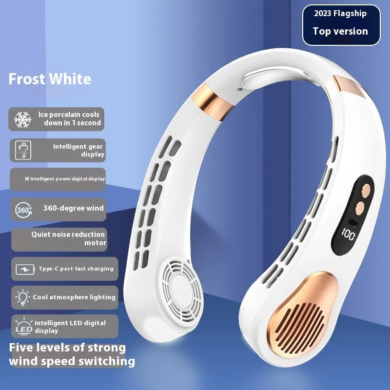 Blue leafless halter fan with digital display worn around neck showing five-speed interface