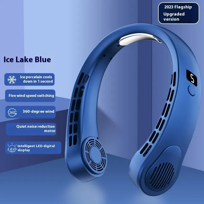 Blue leafless halter fan with digital display worn around neck showing five-speed interface