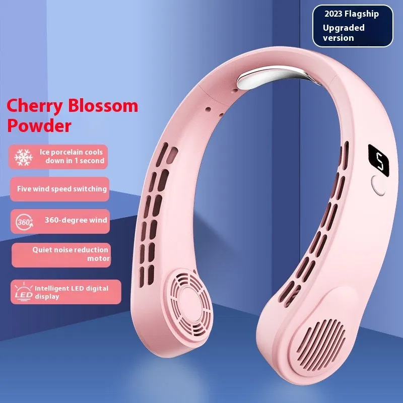 Blue leafless halter fan with digital display worn around neck showing five-speed interface