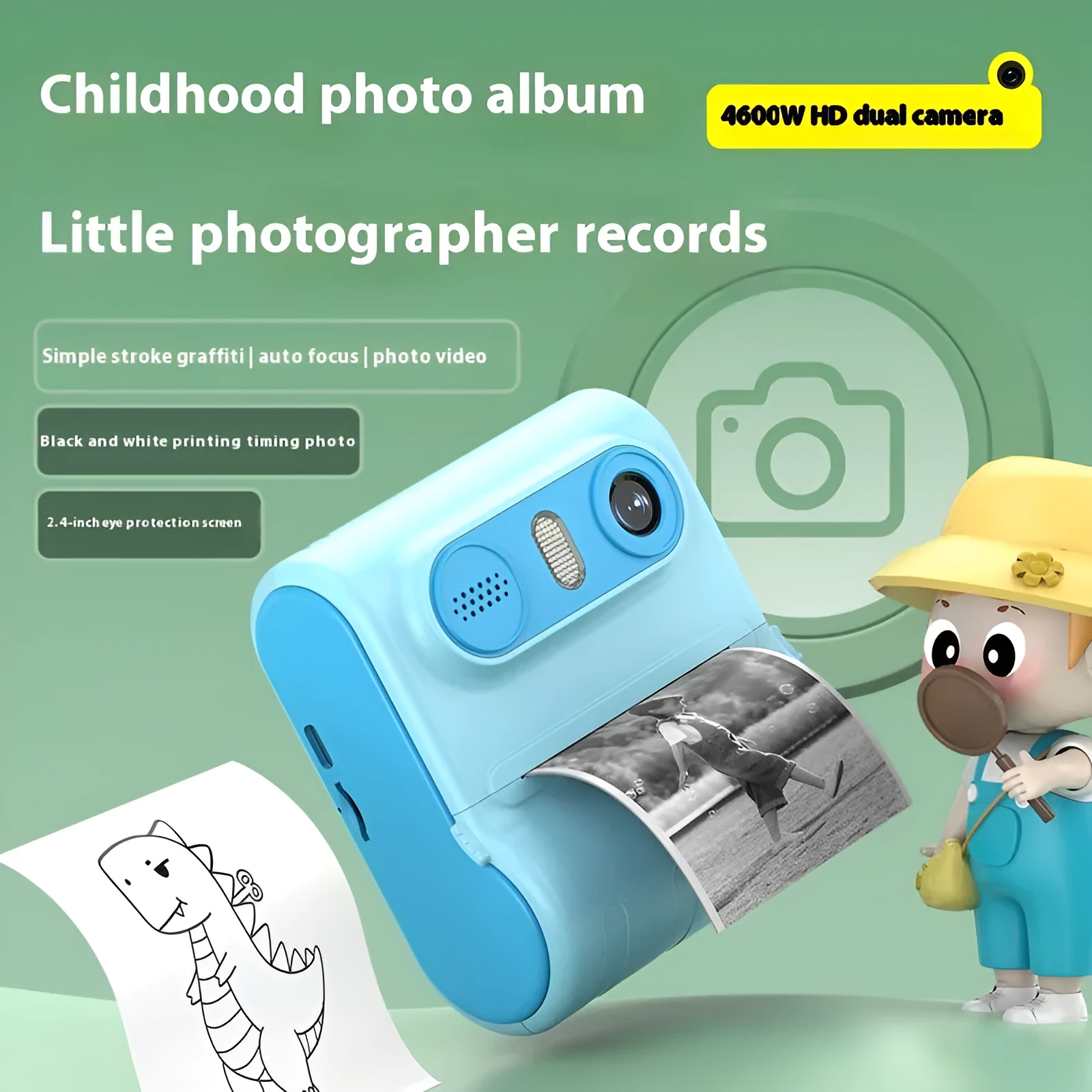 Children's instant printing camera with dual HD cameras in pink colour, showing included lanyard and printing paper