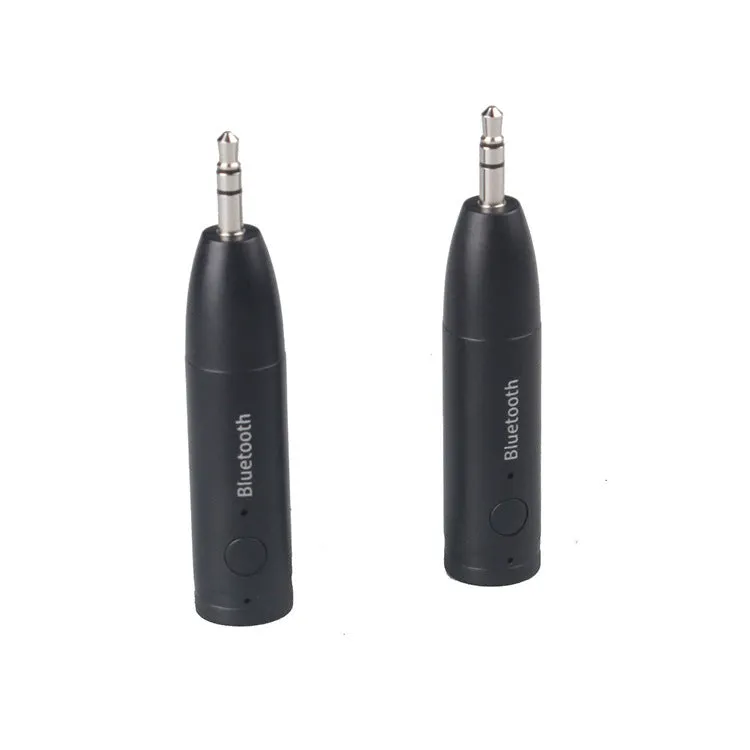 Black Bluetooth 5.0 audio receiver for car AUX or home stereo, shown with USB cable.