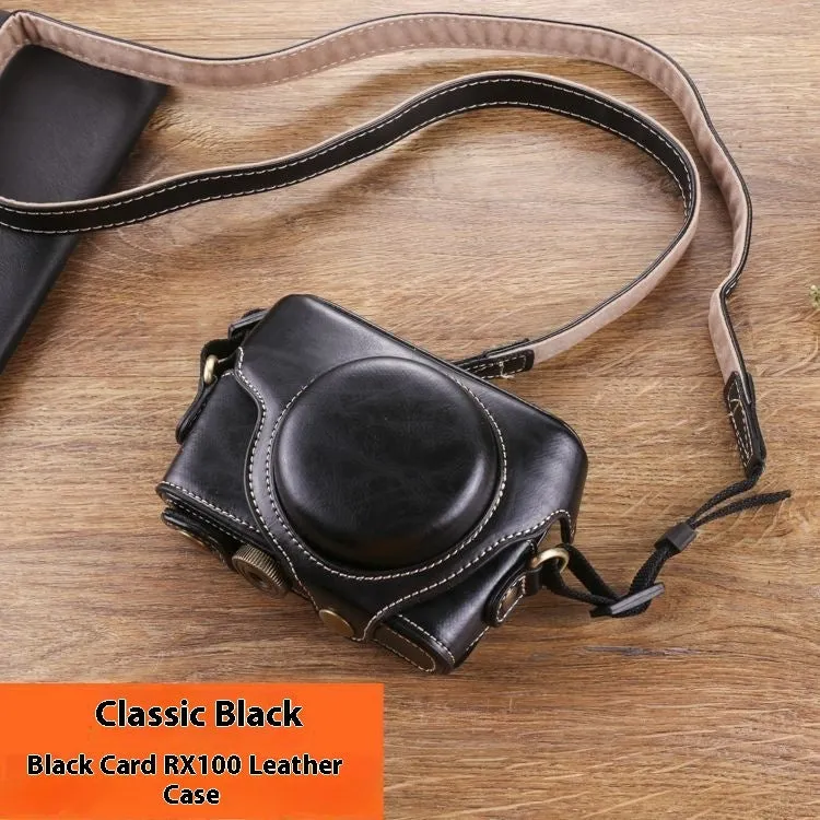 Black imitation leather portable card camera bag with crossbody strap on a solid background