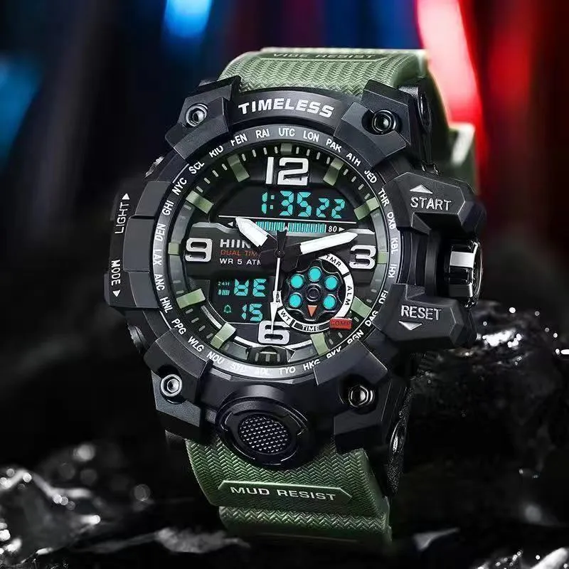 Men's waterproof sports watch with dual display, round dial, black resin case and PU strap