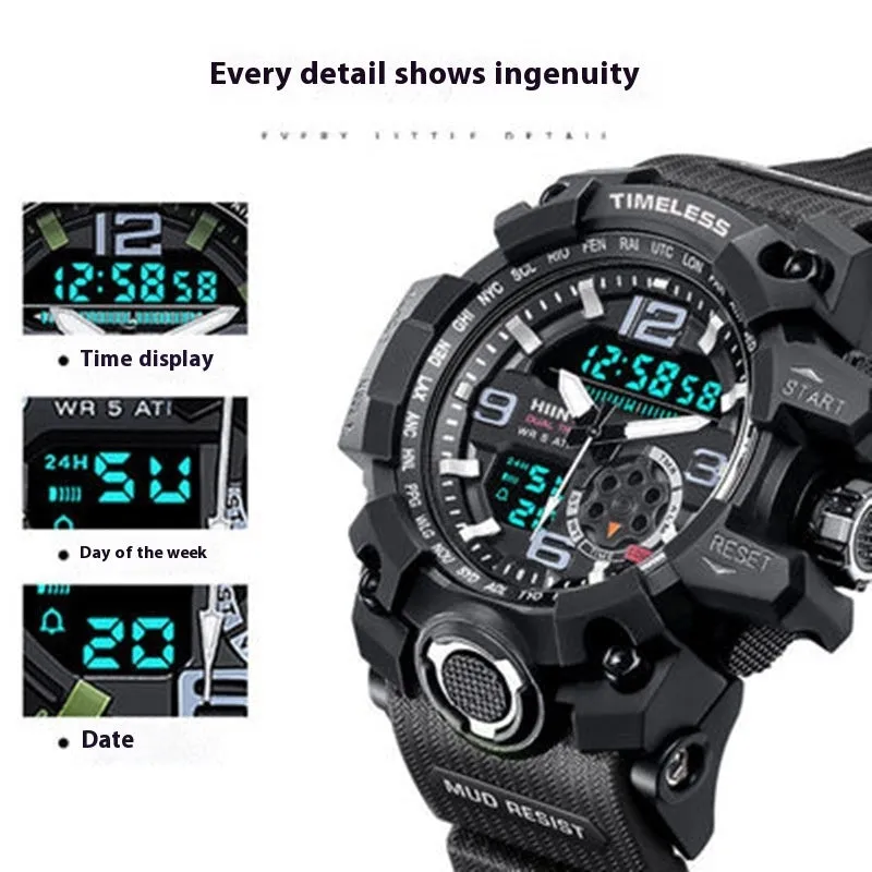 Men's waterproof sports watch with dual display, round dial, black resin case and PU strap