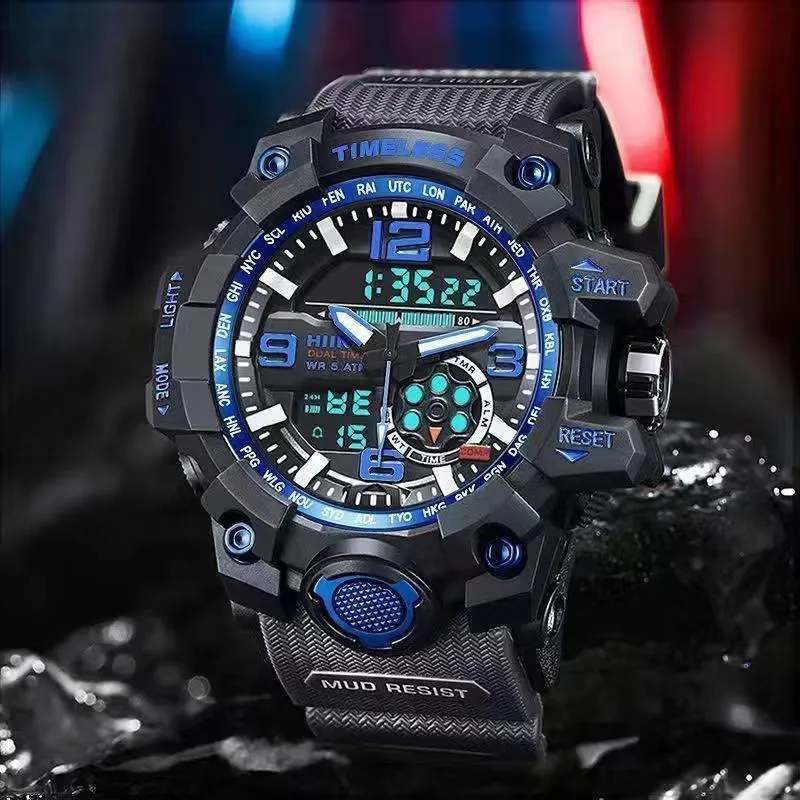Men's waterproof sports watch with dual display, round dial, black resin case and PU strap