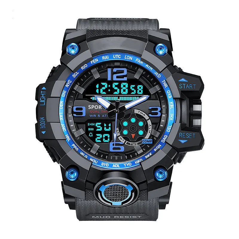 Men's waterproof sports watch with dual display, round dial, black resin case and PU strap