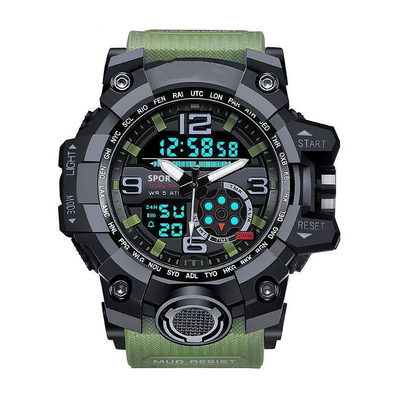Men's waterproof sports watch with dual display, round dial, black resin case and PU strap