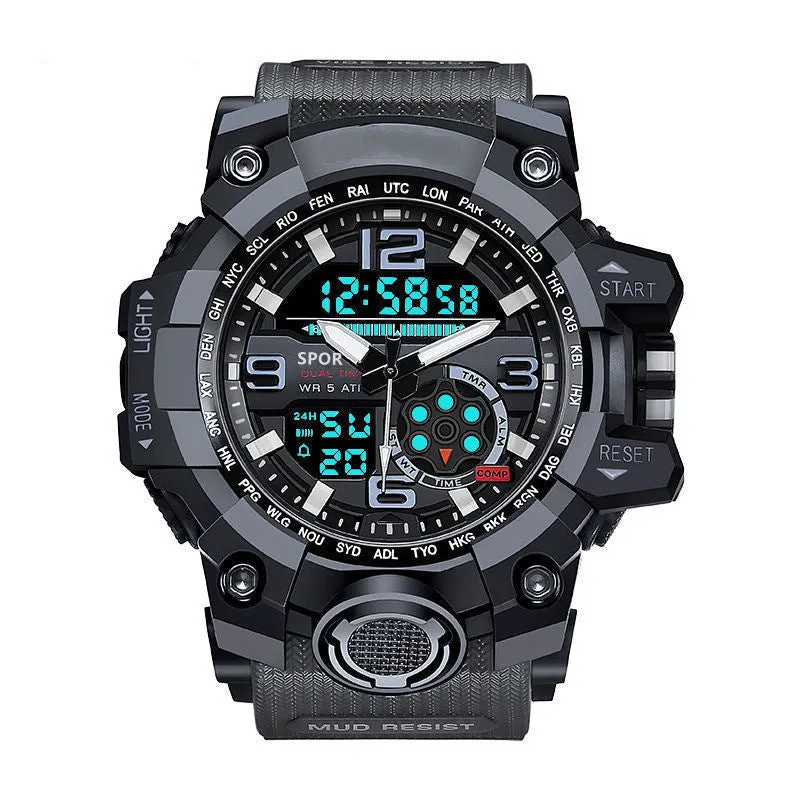 Men's waterproof sports watch with dual display, round dial, black resin case and PU strap