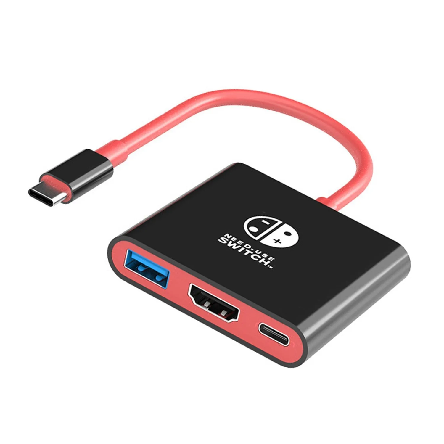 Three-in-one USB Type-C docking station converter with 15cm cable in black and red
