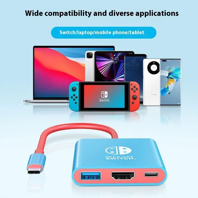 Three-in-one USB Type-C docking station converter with 15cm cable in black and red