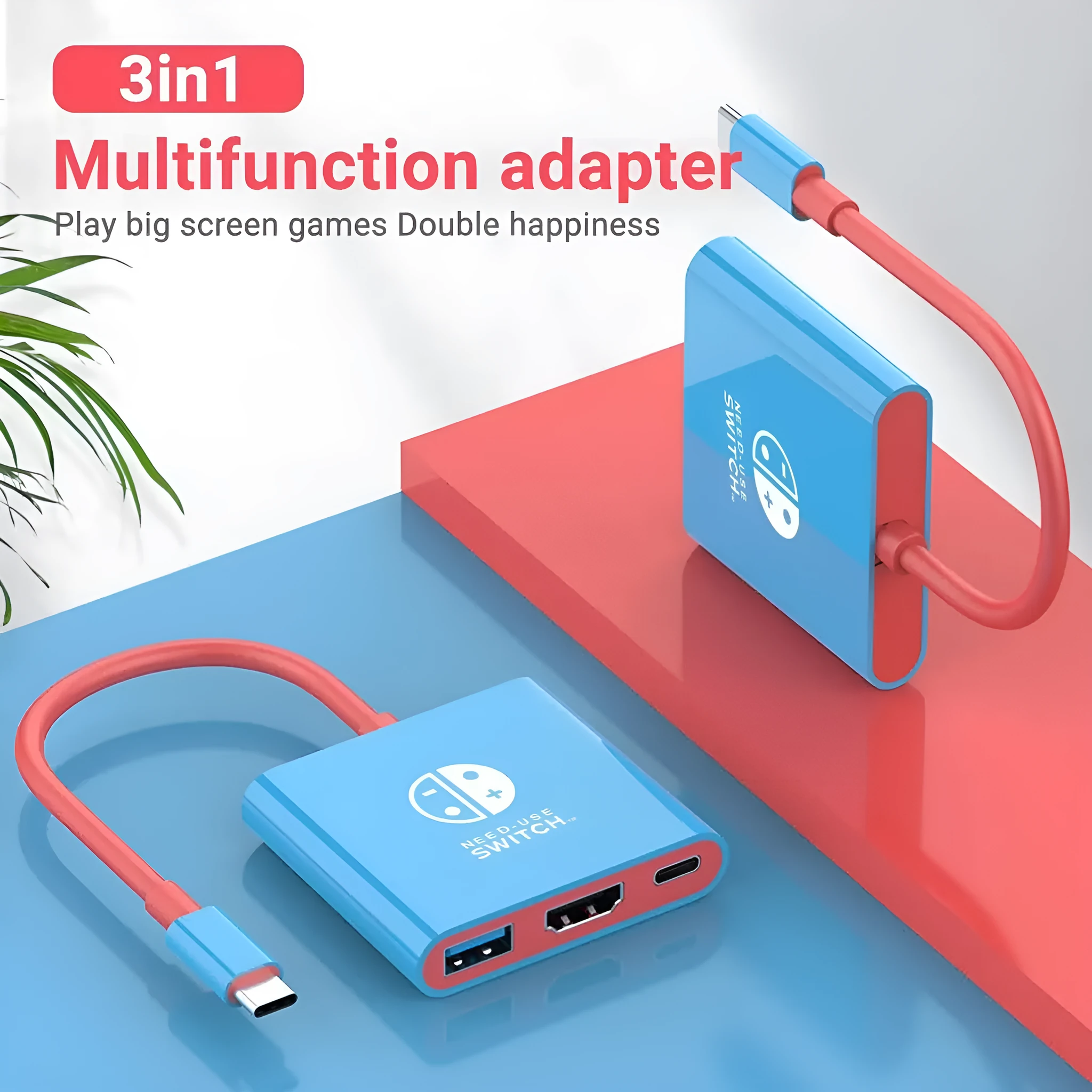 Three-in-one USB Type-C docking station converter with 15cm cable in black and red