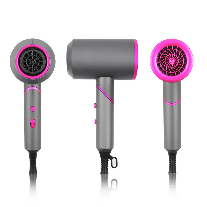 Foldable hair dryer in dark green with gold trim, showing concentrator nozzle and diffuser attachment.