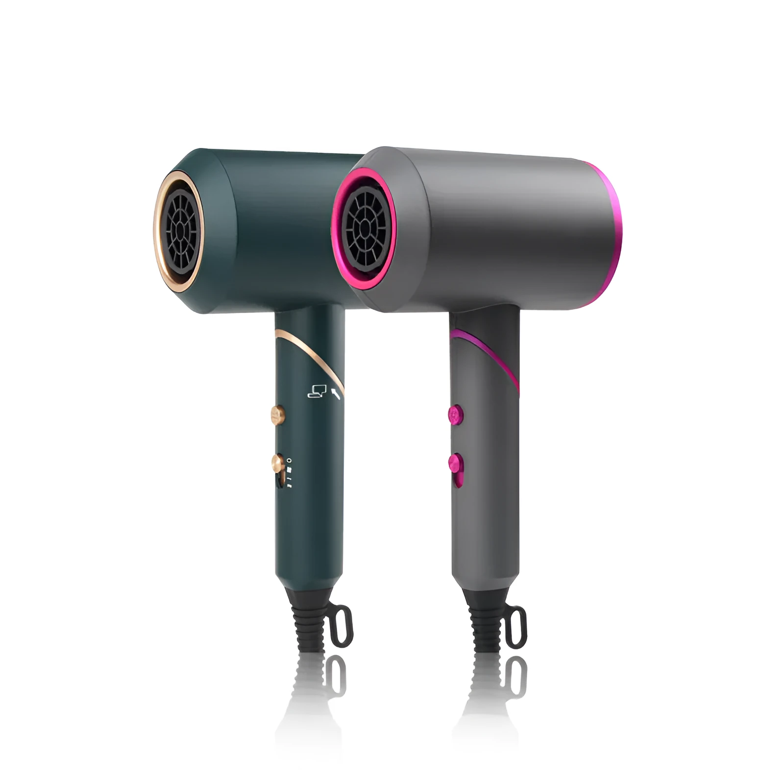 Foldable hair dryer in dark green with gold trim, showing concentrator nozzle and diffuser attachment.