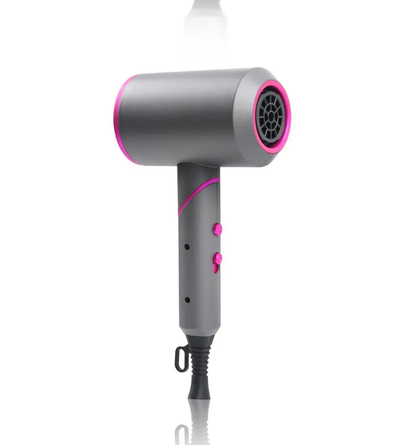 Foldable hair dryer in dark green with gold trim, showing concentrator nozzle and diffuser attachment.