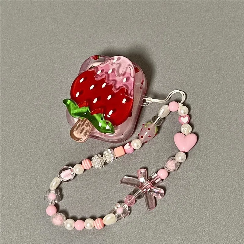 3D strawberry ice cream silicone protective cover for AirPods Pro 2 case with bracelet option