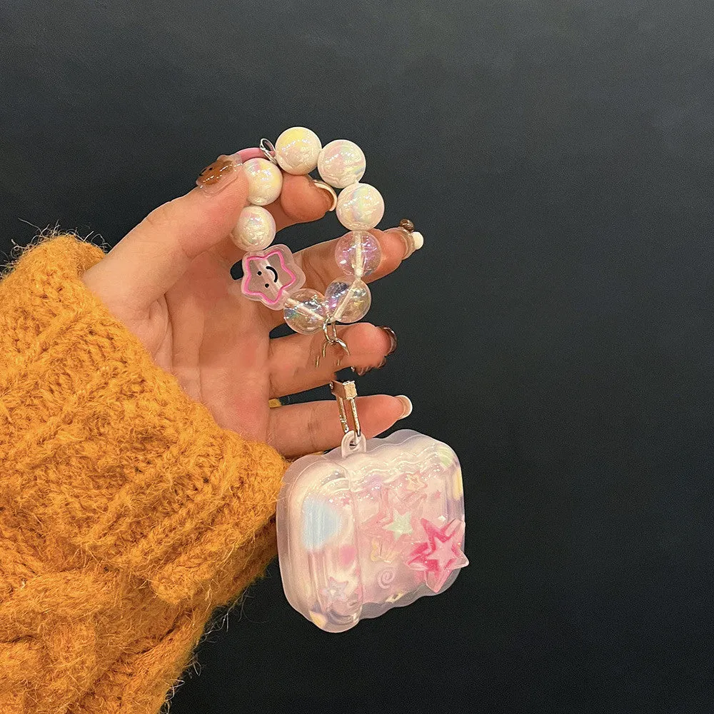 Pink transparent AirPods protective case with three-dimensional five-pointed star pattern and hand rope