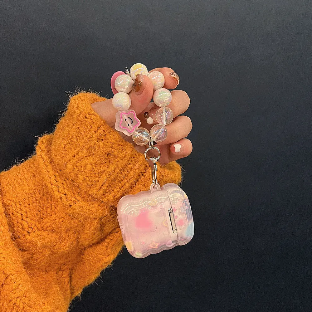 Pink transparent AirPods protective case with three-dimensional five-pointed star pattern and hand rope