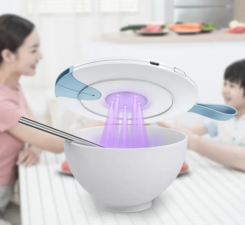 Blue USB-powered baby bottle steriliser showing slim 11.8mm profile with gravity-sensing technology