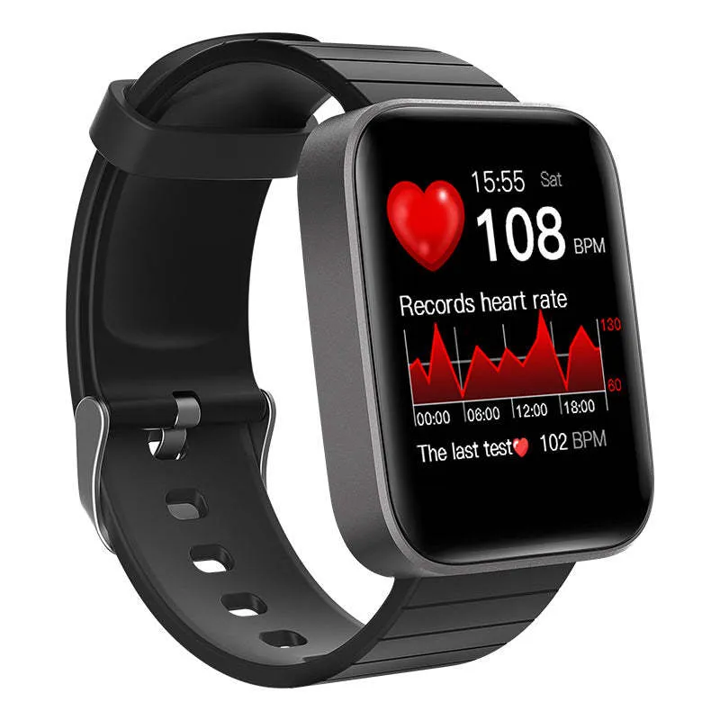 Smart bracelet with black wrist strap and 1.54-inch touch screen showing health data