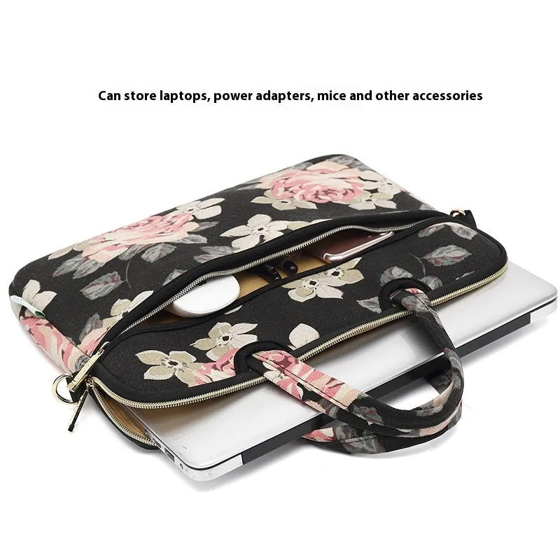Canvas laptop sleeve with printed pattern for 13-15 inch notebooks, plush lining, and padded shoulder strap