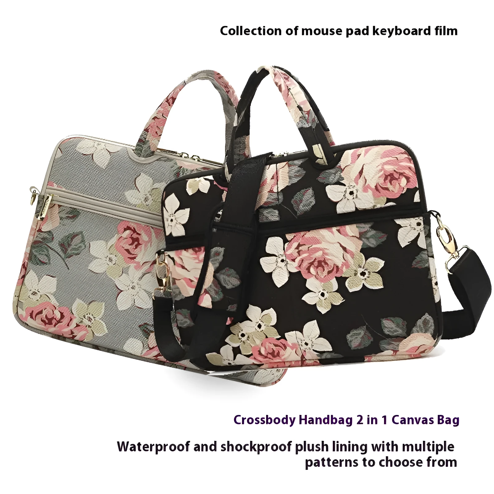 Canvas laptop sleeve with printed pattern for 13-15 inch notebooks, plush lining, and padded shoulder strap