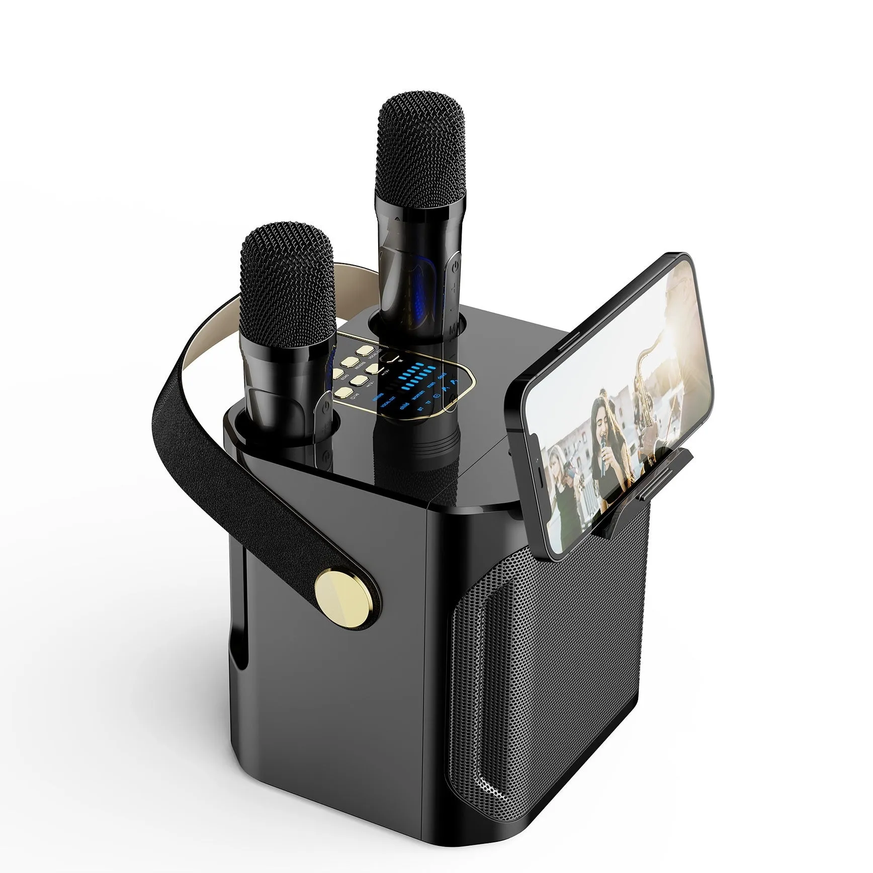 Bluetooth speaker with dual microphones for outdoor karaoke, black colour, showing front panel and microphone slots