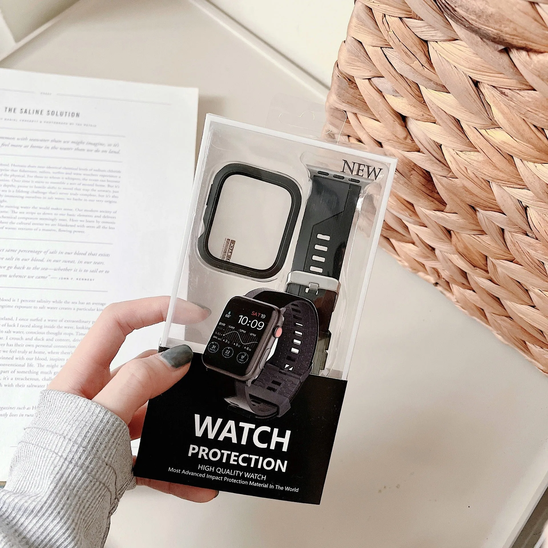Two-tone silicone bumper protective case for Apple Watch, available in black and white, fits 45mm model