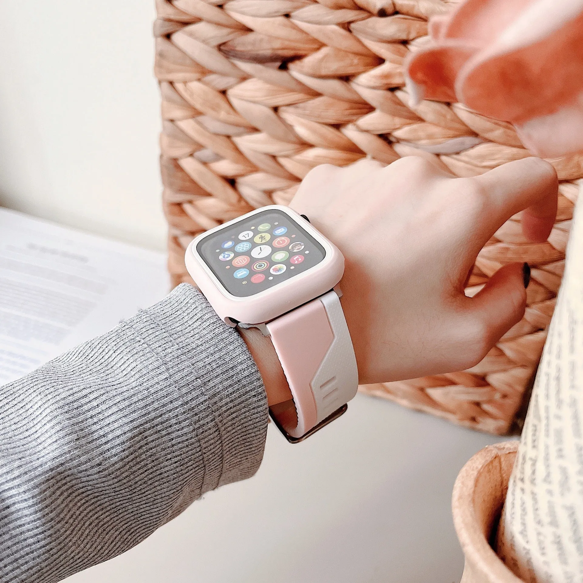 Two-tone silicone bumper protective case for Apple Watch, available in black and white, fits 45mm model
