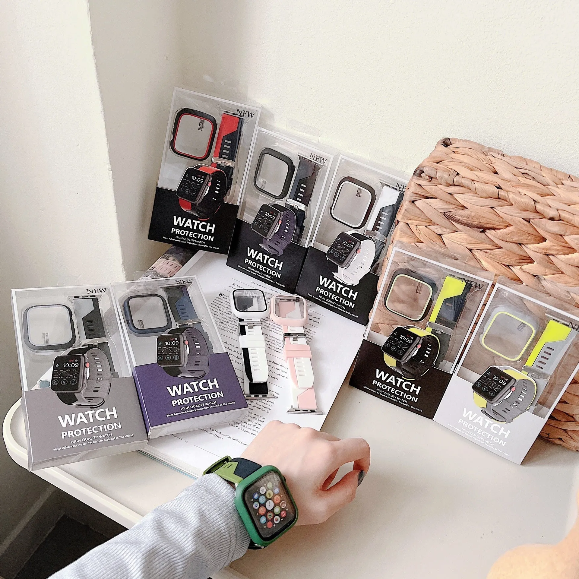 Two-tone silicone bumper protective case for Apple Watch, available in black and white, fits 45mm model