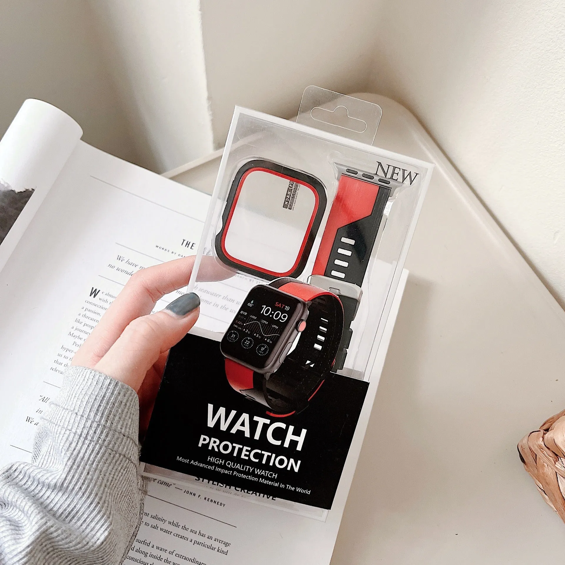 Two-tone silicone bumper protective case for Apple Watch, available in black and white, fits 45mm model