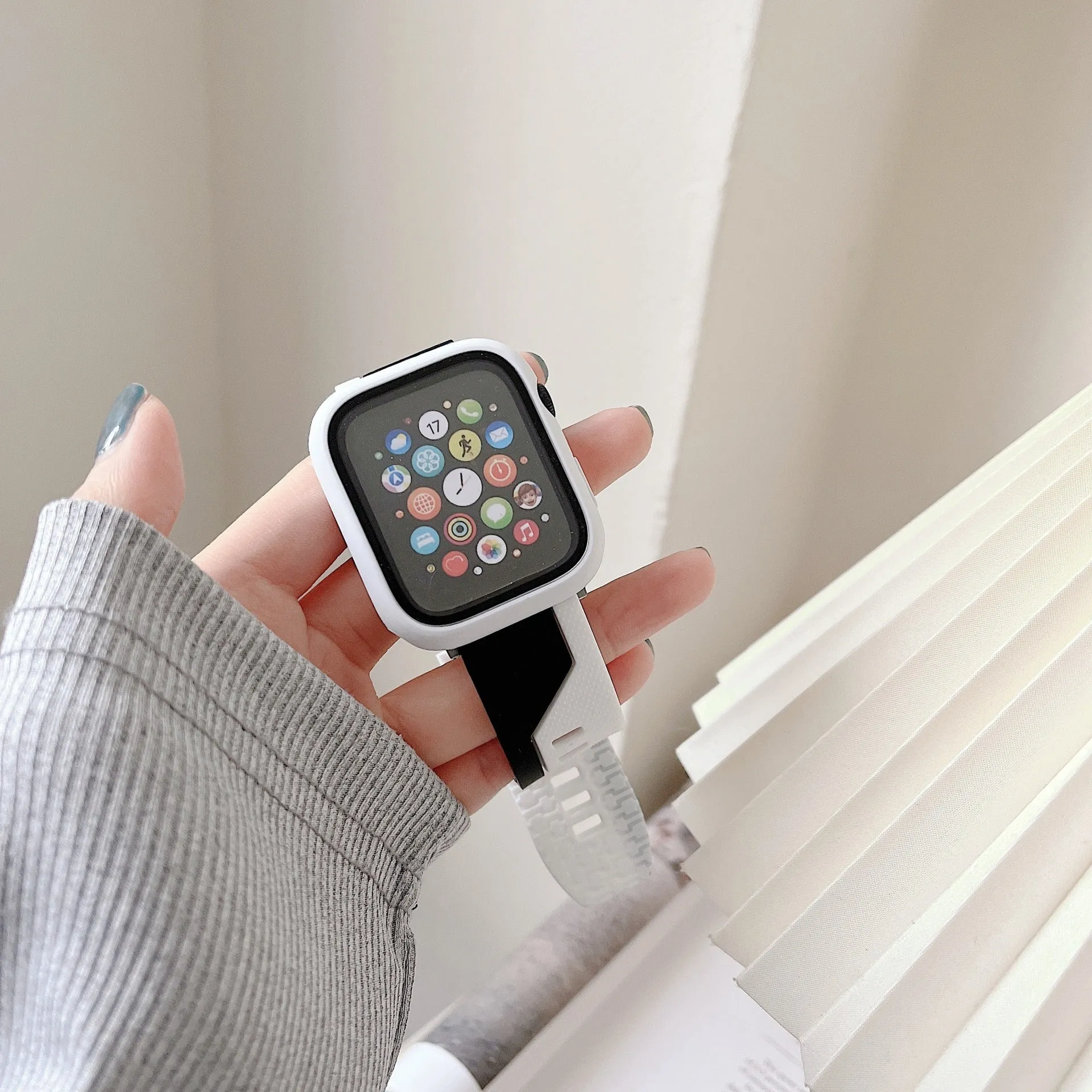Two-tone silicone bumper protective case for Apple Watch, available in black and white, fits 45mm model