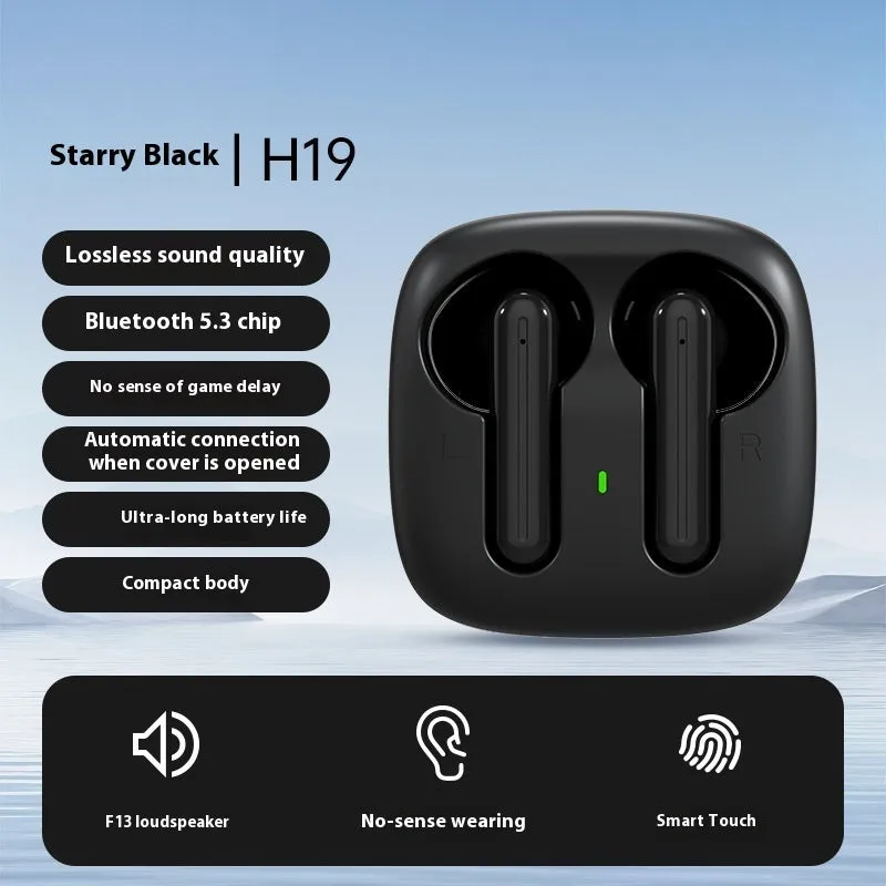 H19 private model mini wireless Bluetooth earbuds in black with noise reduction and charging case