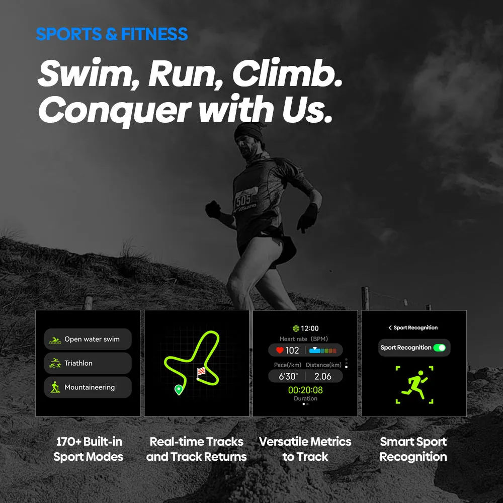 Stratos 2 Ultra GPS smart watch with pressure altimeter, AMOLED screen, black and silver options