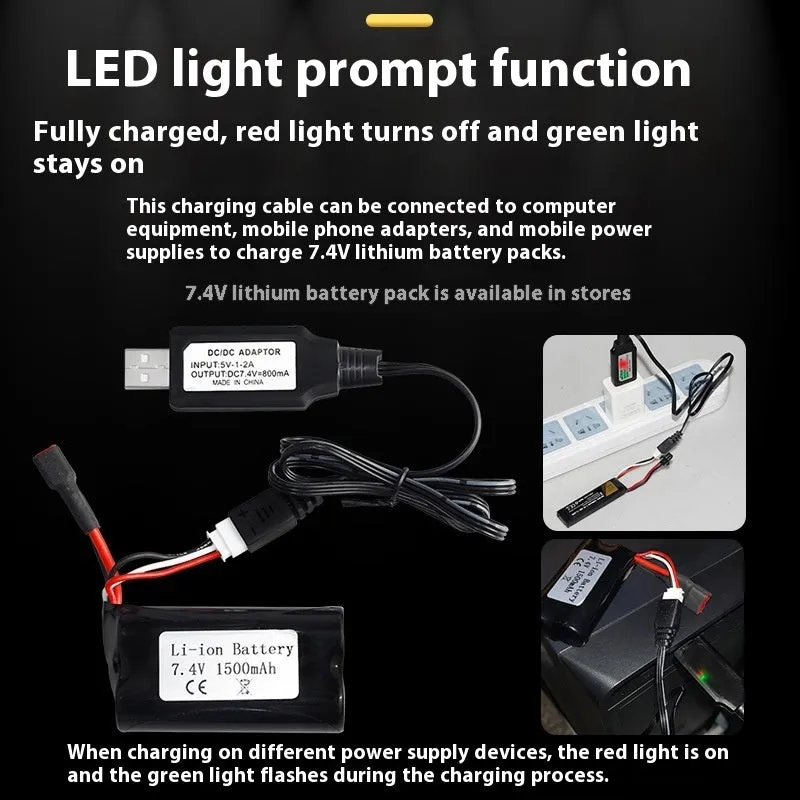 7.4V lithium battery USB charging cable with overcharge protection indicator light, black, 54cm cord