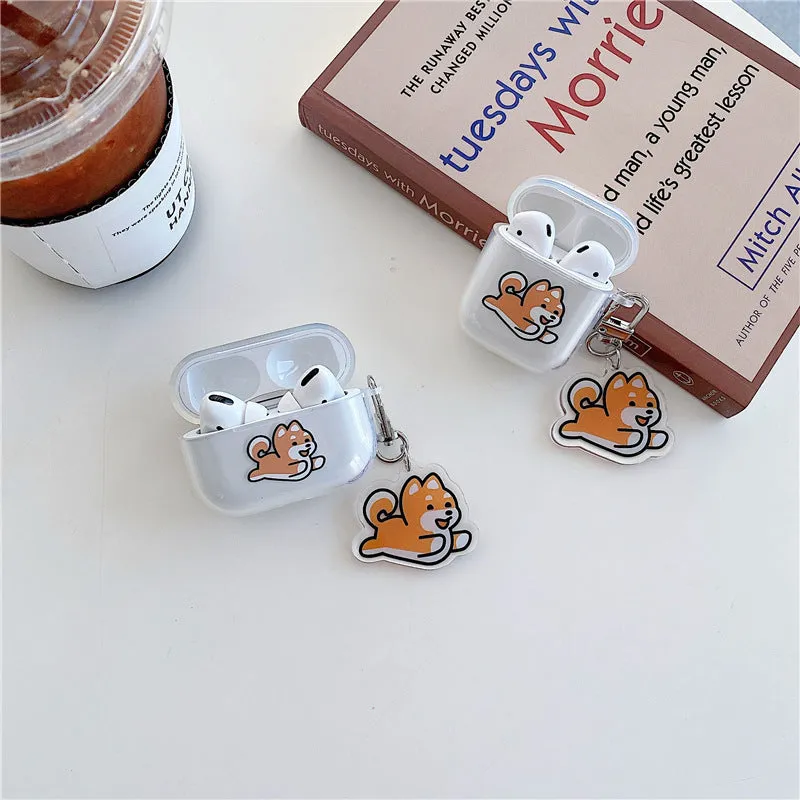 Transparent silicone headphone cover with jumping Shiba Inu pendant for AirPods Pro and AirPods 3