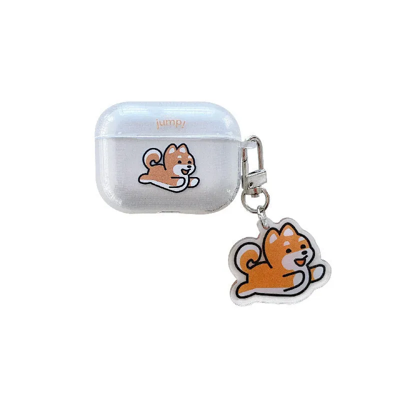Transparent silicone headphone cover with jumping Shiba Inu pendant for AirPods Pro and AirPods 3