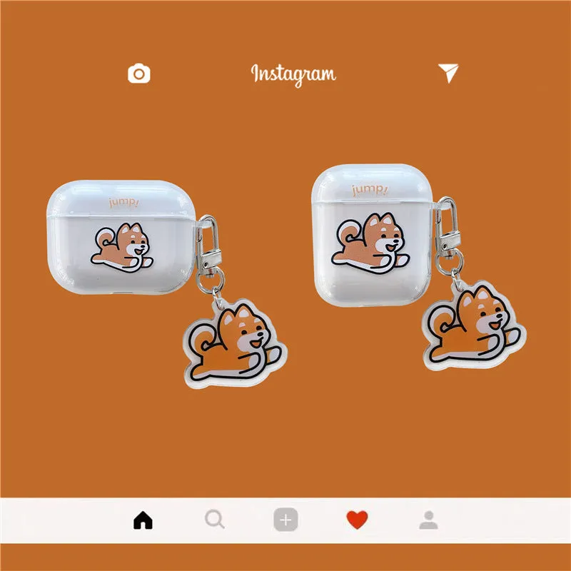 Transparent silicone headphone cover with jumping Shiba Inu pendant for AirPods Pro and AirPods 3