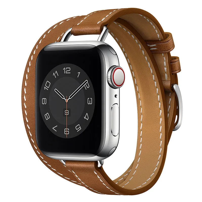 Double circle slim cowhide leather strap for Apple Watch 38-45mm in black finish