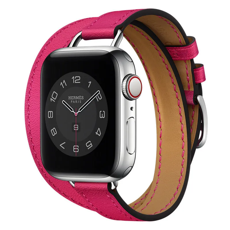Double circle slim cowhide leather strap for Apple Watch 38-45mm in black finish