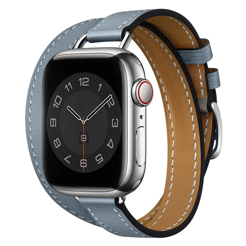 Double circle slim cowhide leather strap for Apple Watch 38-45mm in black finish