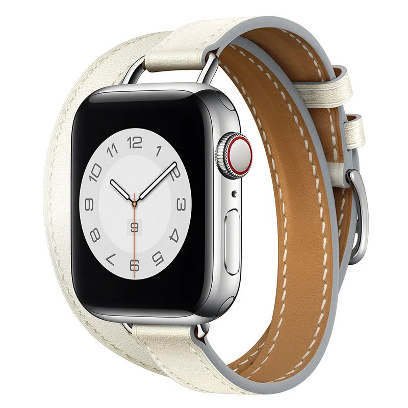 Double circle slim cowhide leather strap for Apple Watch 38-45mm in black finish