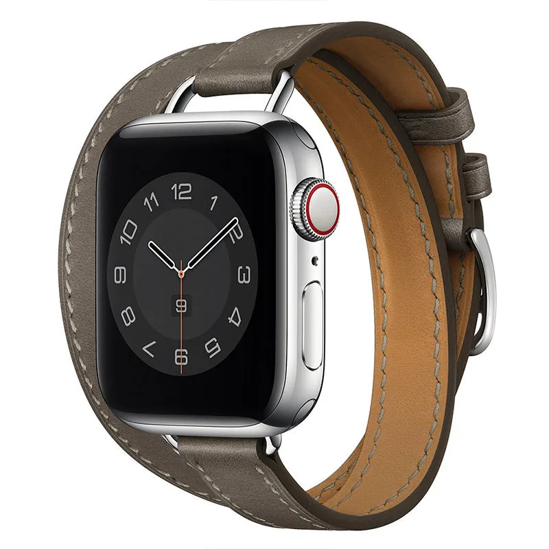 Double circle slim cowhide leather strap for Apple Watch 38-45mm in black finish