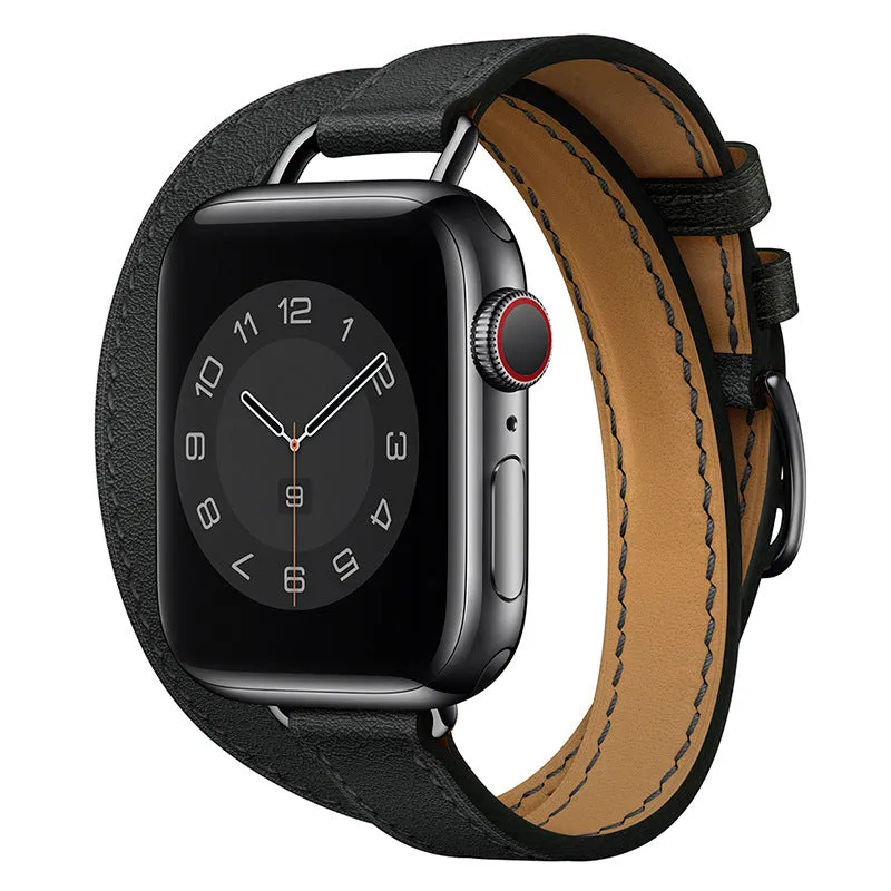 Double circle slim cowhide leather strap for Apple Watch 38-45mm in black finish