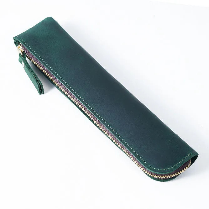 Cowhide retro pencil case 200mm x 45mm in Crazy Horse Brown with square shape and zipper closure