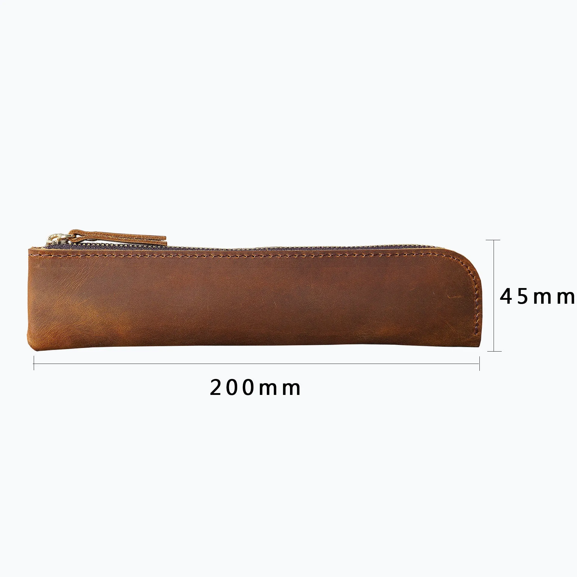 Cowhide retro pencil case 200mm x 45mm in Crazy Horse Brown with square shape and zipper closure