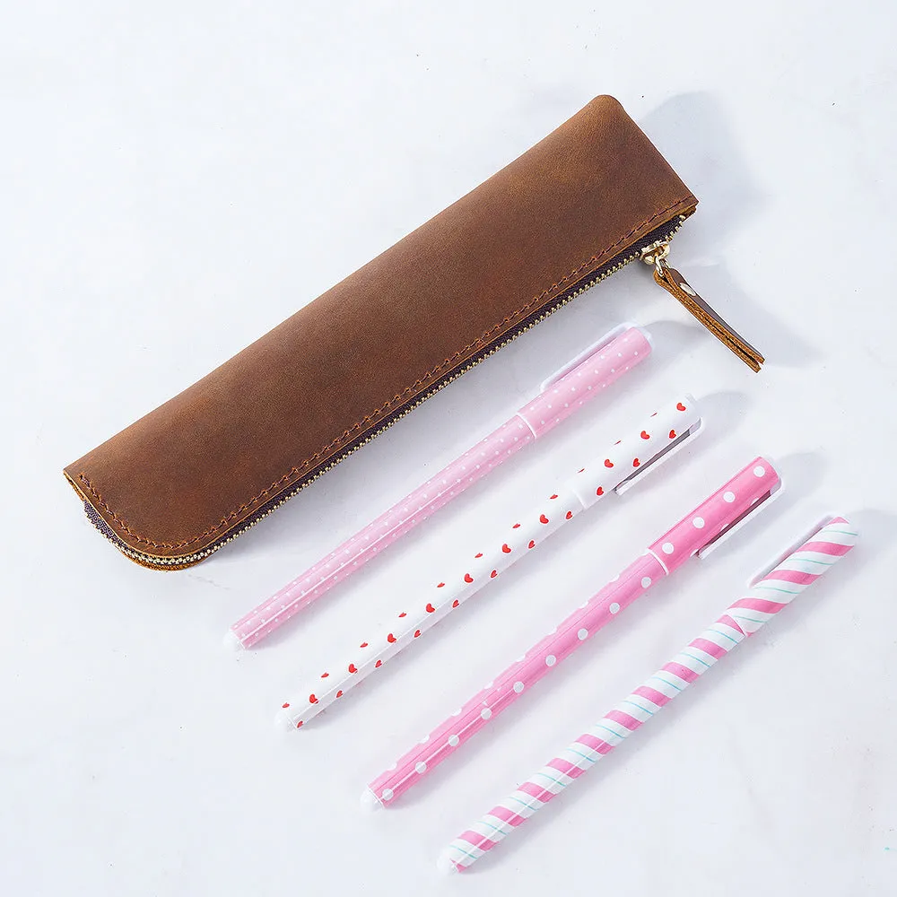 Cowhide retro pencil case 200mm x 45mm in Crazy Horse Brown with square shape and zipper closure