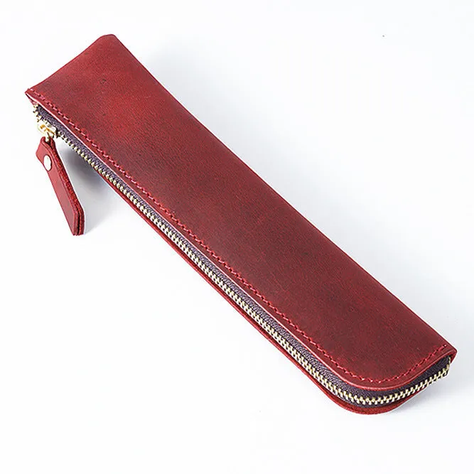 Cowhide retro pencil case 200mm x 45mm in Crazy Horse Brown with square shape and zipper closure