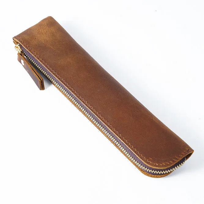 Cowhide retro pencil case 200mm x 45mm in Crazy Horse Brown with square shape and zipper closure